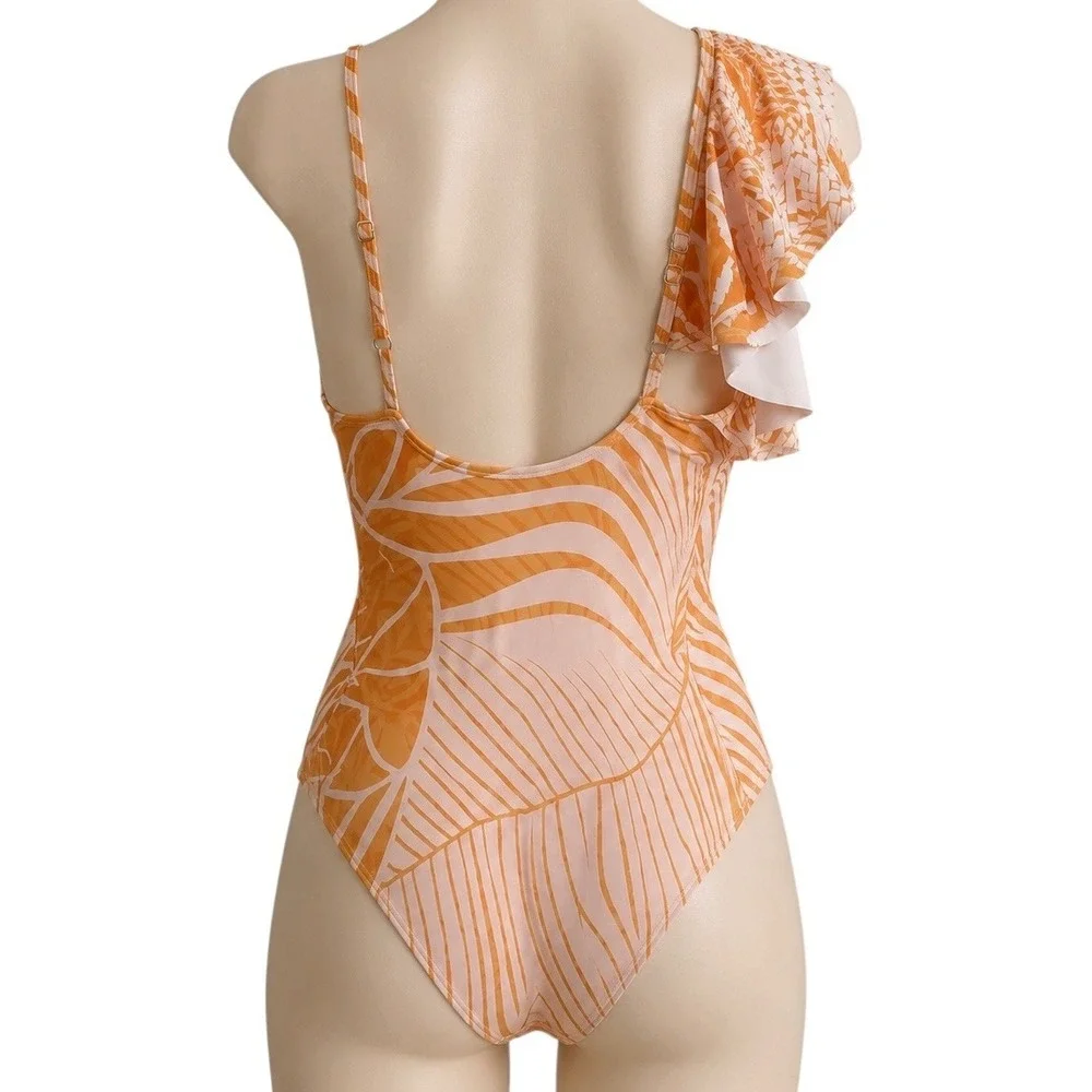 Florentine Swimsuit Set Womens L Orange New Palm Leaf Ruffle One Piece Sarong